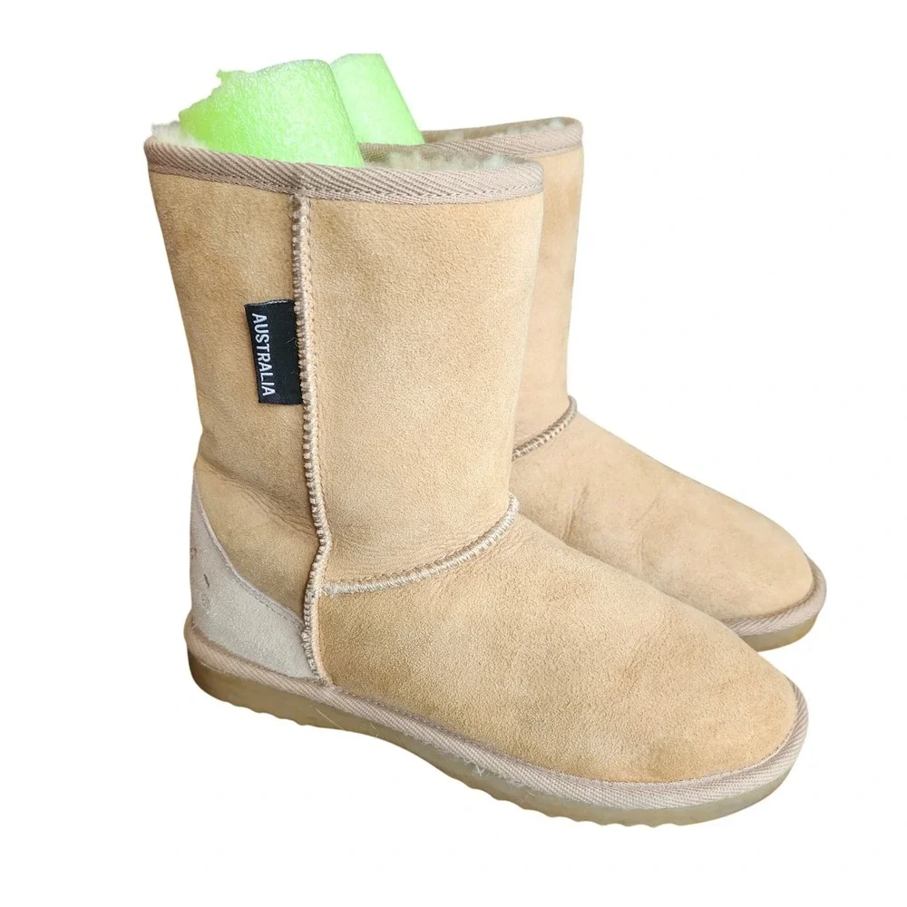 Warmbat Australia Shearling Boots Womens 6 Tan Suede Mid Calf Winter Boho Apres